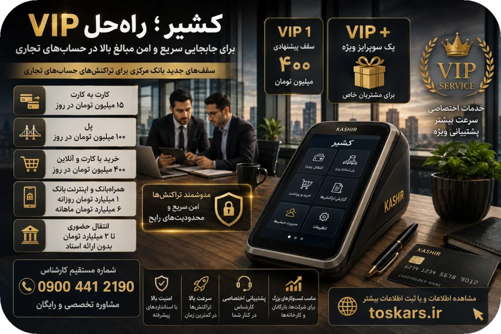 💳 کشیر؛ راه‌حل VIP برای جابه‌جایی مبالغ بالا در حساب‌های تجاری